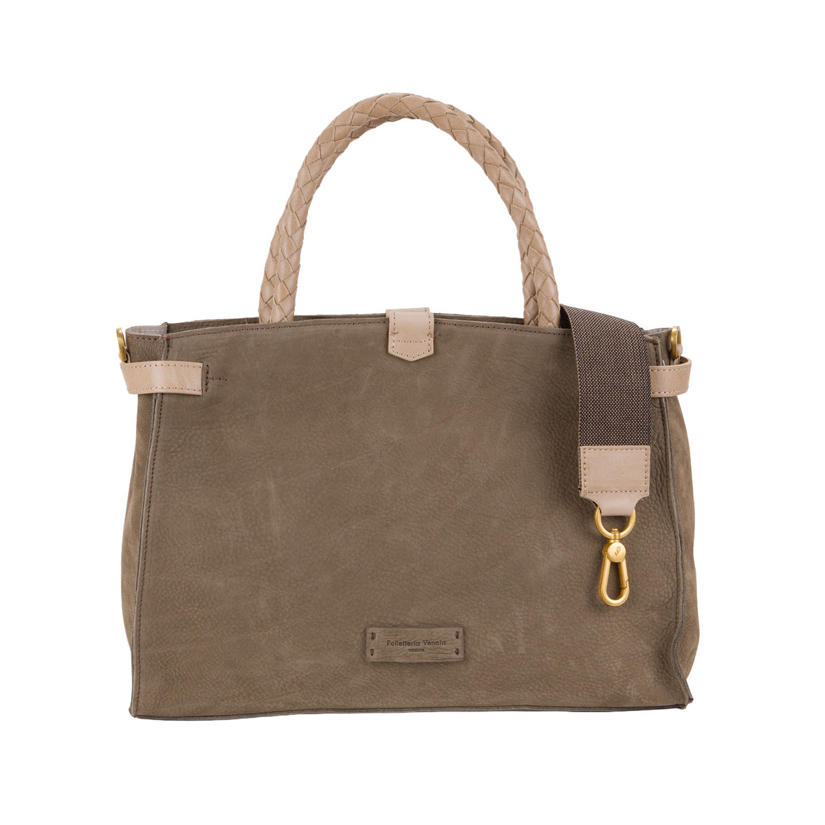 Bauletto in nabuk da donna con manici intrecciati NB26500 Pelletteria Veneta