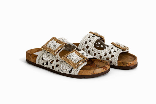 Ciabatta donna Alviero Martini intrecciata bianca con maxi fibbie