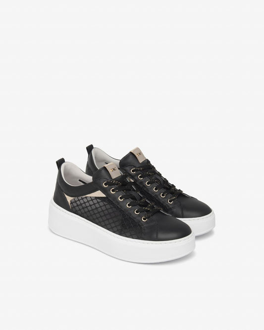 E615292D_100 Sneakers Donna in Pelle, Tela e Materiale Tecnico NeroGiardini