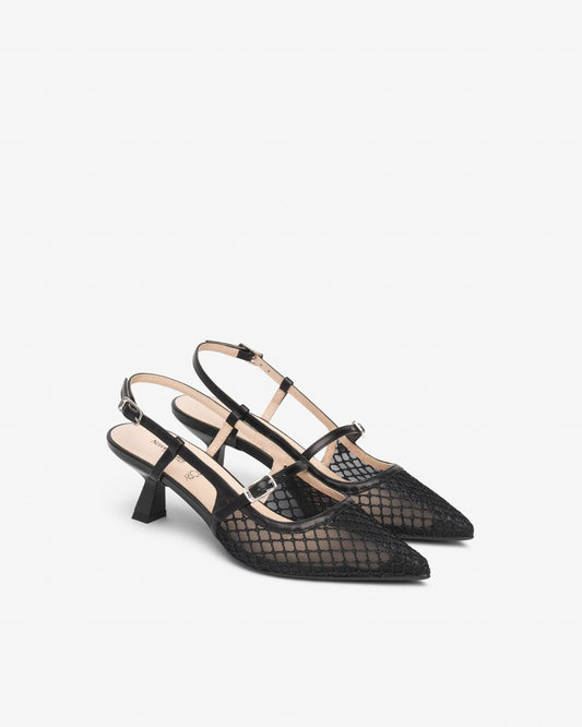 E615473D_100 Sling-Back Donna in Pelle e Tela NeroGiardini