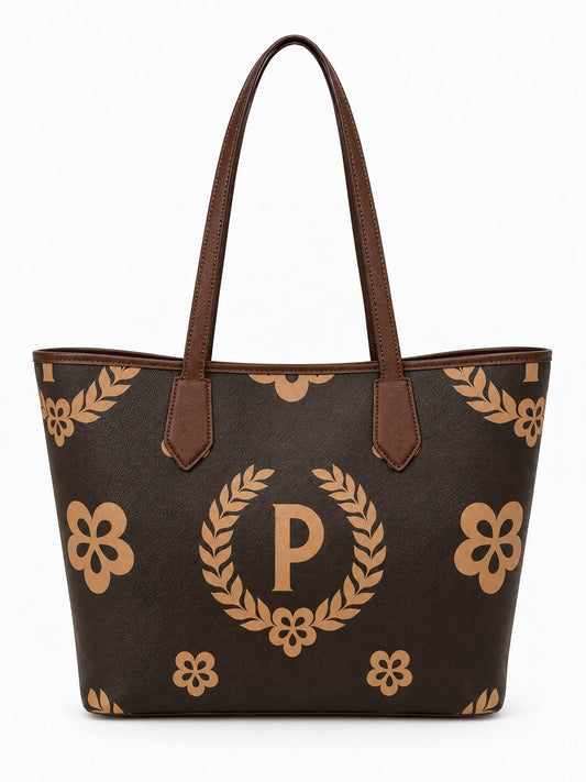 Pollini Linea Heritage Borsa Shopping Heritage Maxi Logo Marrone/Crema