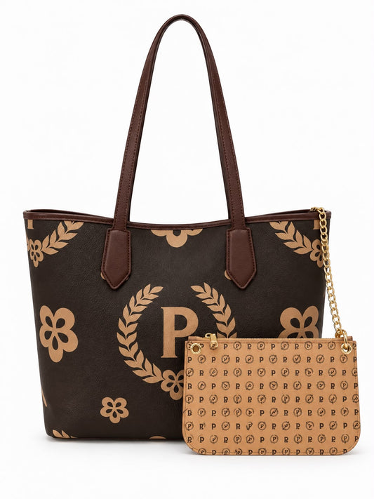 Pollini Linea Heritage Borsa Shopping Heritage Maxi Logo Marrone/Crema