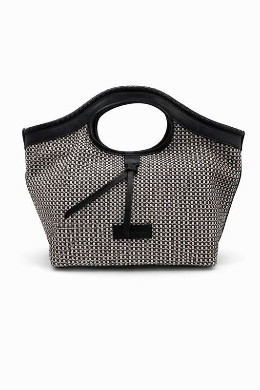 Borsa a Mano 'Rigadin' in Pelle e rafia intrecciata Nero/bianco - Pelletteria Veneta