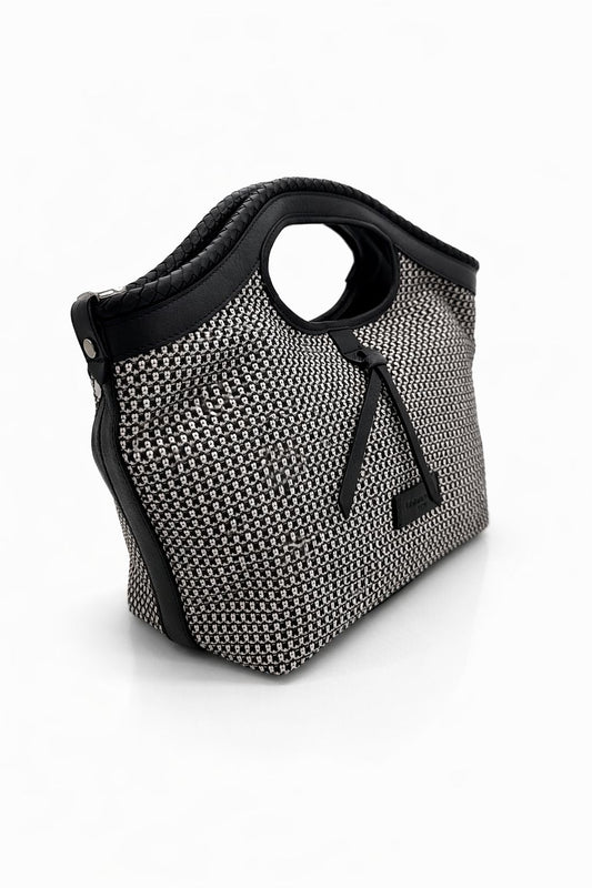 Borsa a Mano 'Rigadin' in Pelle e rafia intrecciata Nero/bianco - Pelletteria Veneta