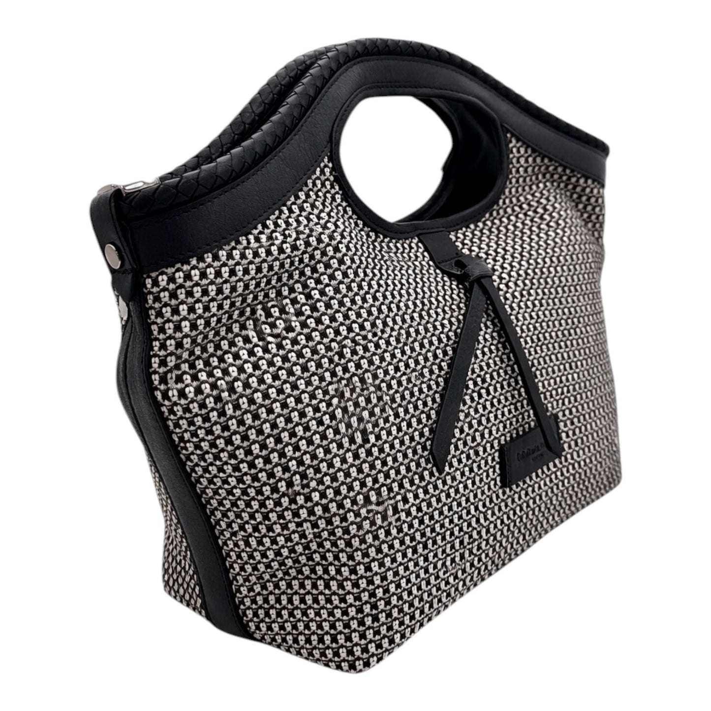Borsa a Mano 'Rigadin' in Pelle e rafia intrecciata Nero/bianco - Pelletteria Veneta