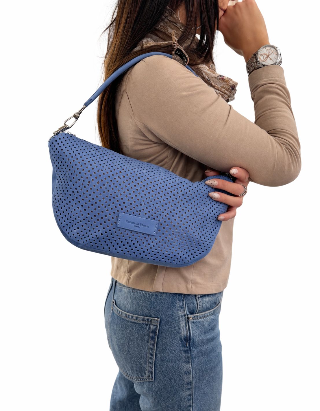 Borsa a Spalla 'Forello' in Nabuk Traforato Cielo - Pelletteria Veneta