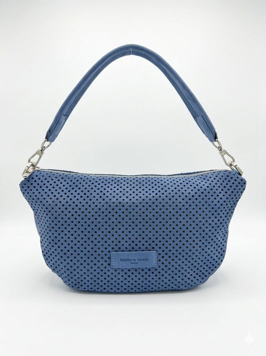 Borsa a Spalla 'Forello' in Nabuk Traforato Cielo - Pelletteria Veneta