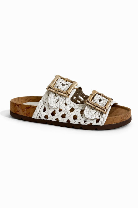 Ciabatta donna Alviero Martini intrecciata bianca con maxi fibbie