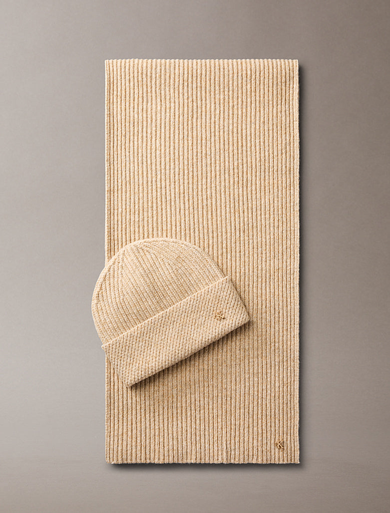 Set regalo sciarpa e berretto in misto lana Calvin Klein beige heather