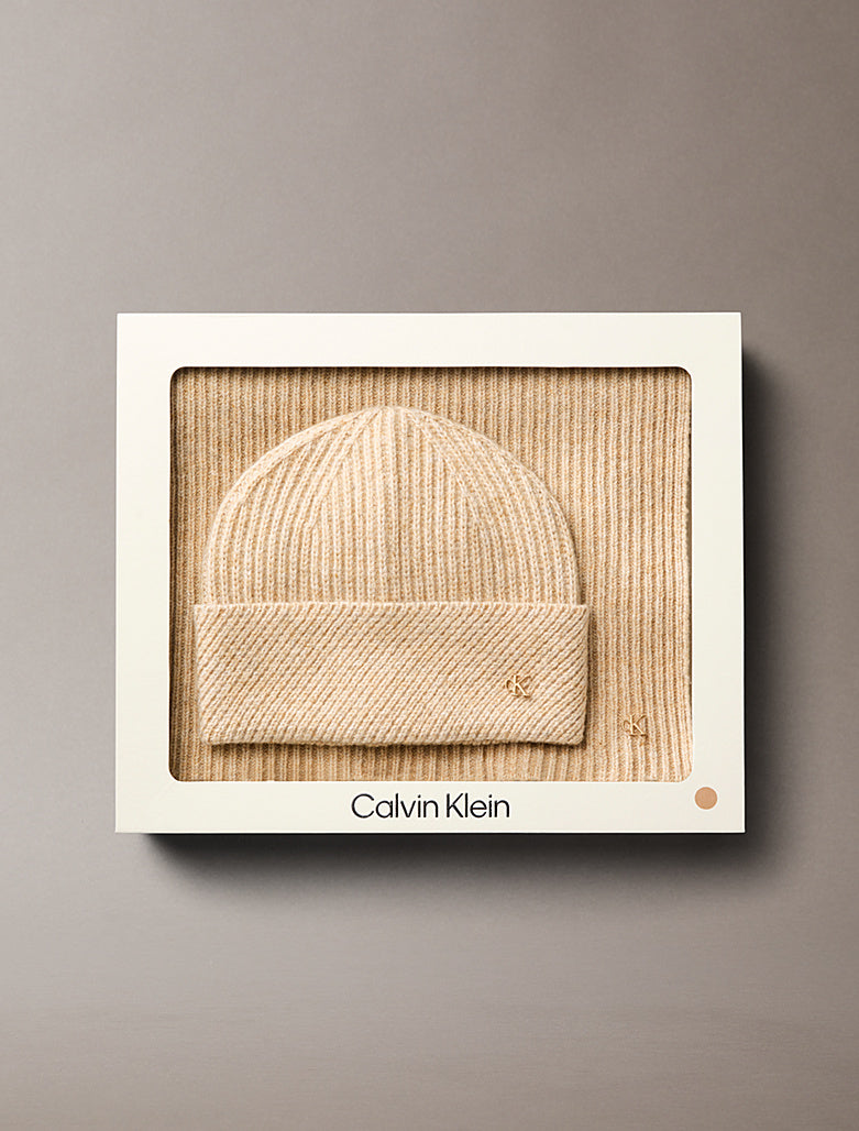 Set regalo sciarpa e berretto in misto lana Calvin Klein beige heather