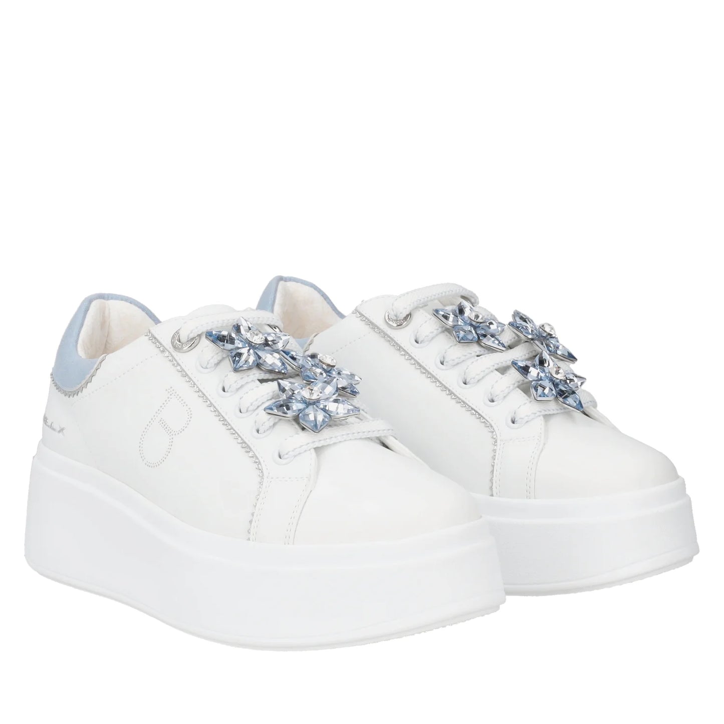 Sneaker Clara in pelle con fiori in strass colore bianco/azzurro Tosca Blu