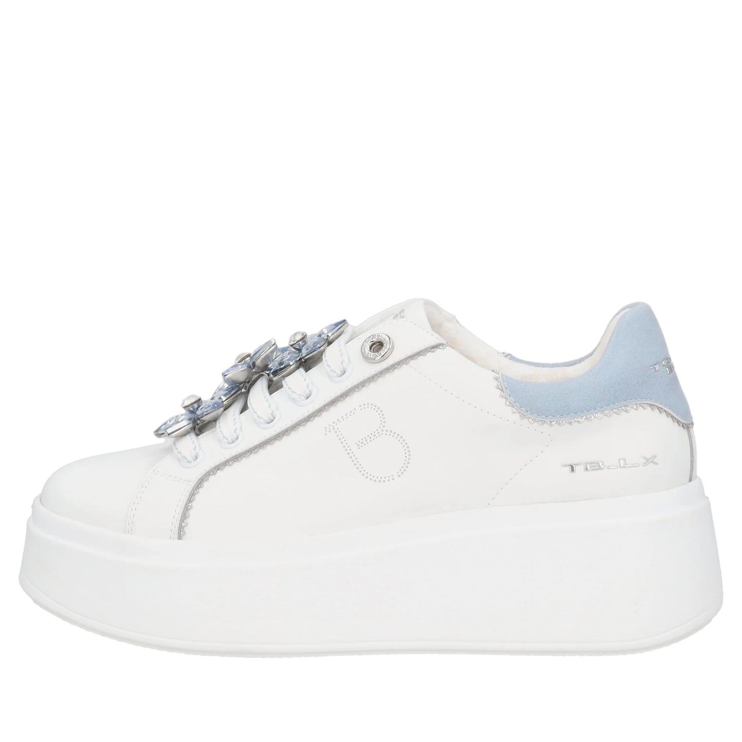 Sneaker Clara in pelle con fiori in strass colore bianco/azzurro Tosca Blu