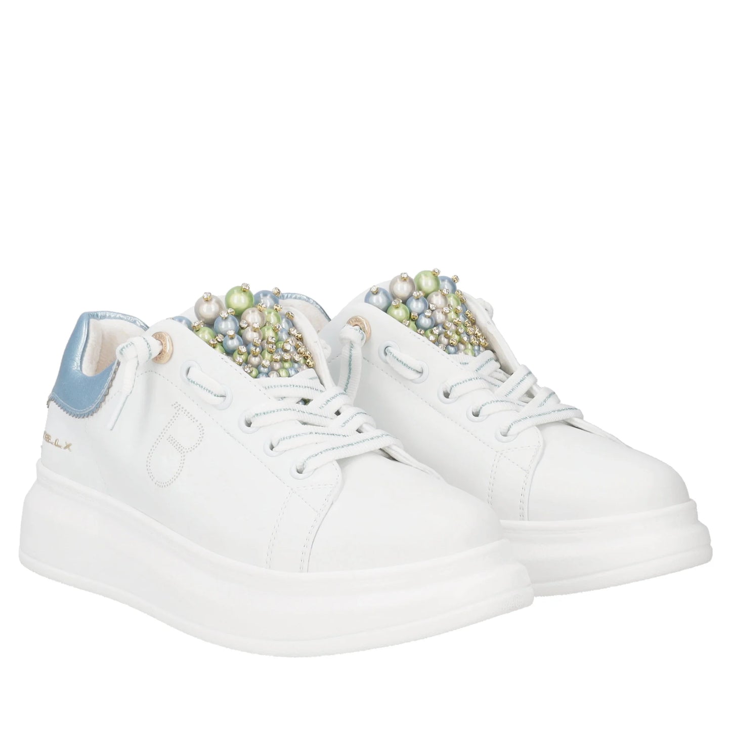 Sneaker gioiello Astrid in pelle con perle colore bianco/azzurro Tosca Blu