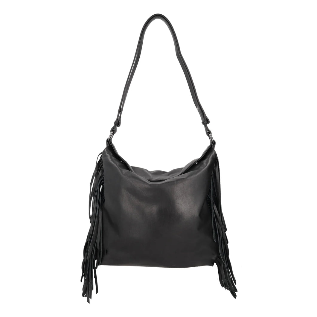 Borsa a spalla grande Janet con frange colore nero