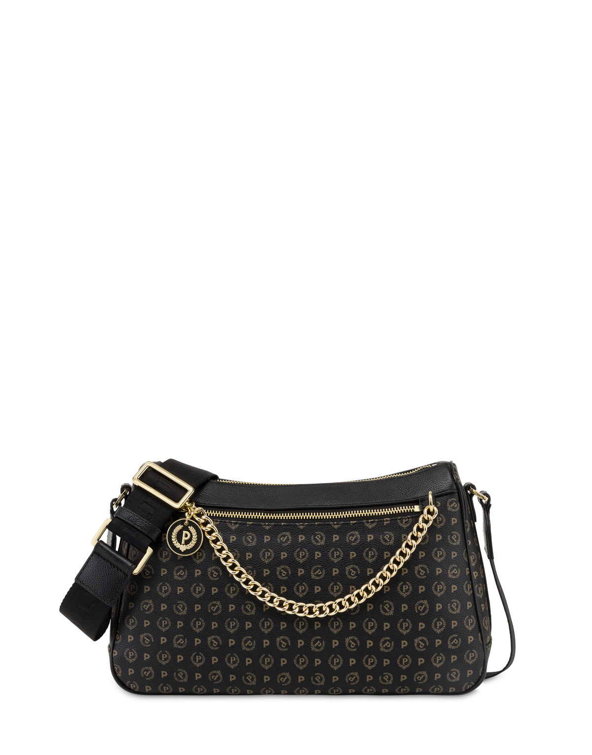 Pollini Linea Heritage Borsa A Tracolla In Pvc Heritage Logo Classic Nero/nero