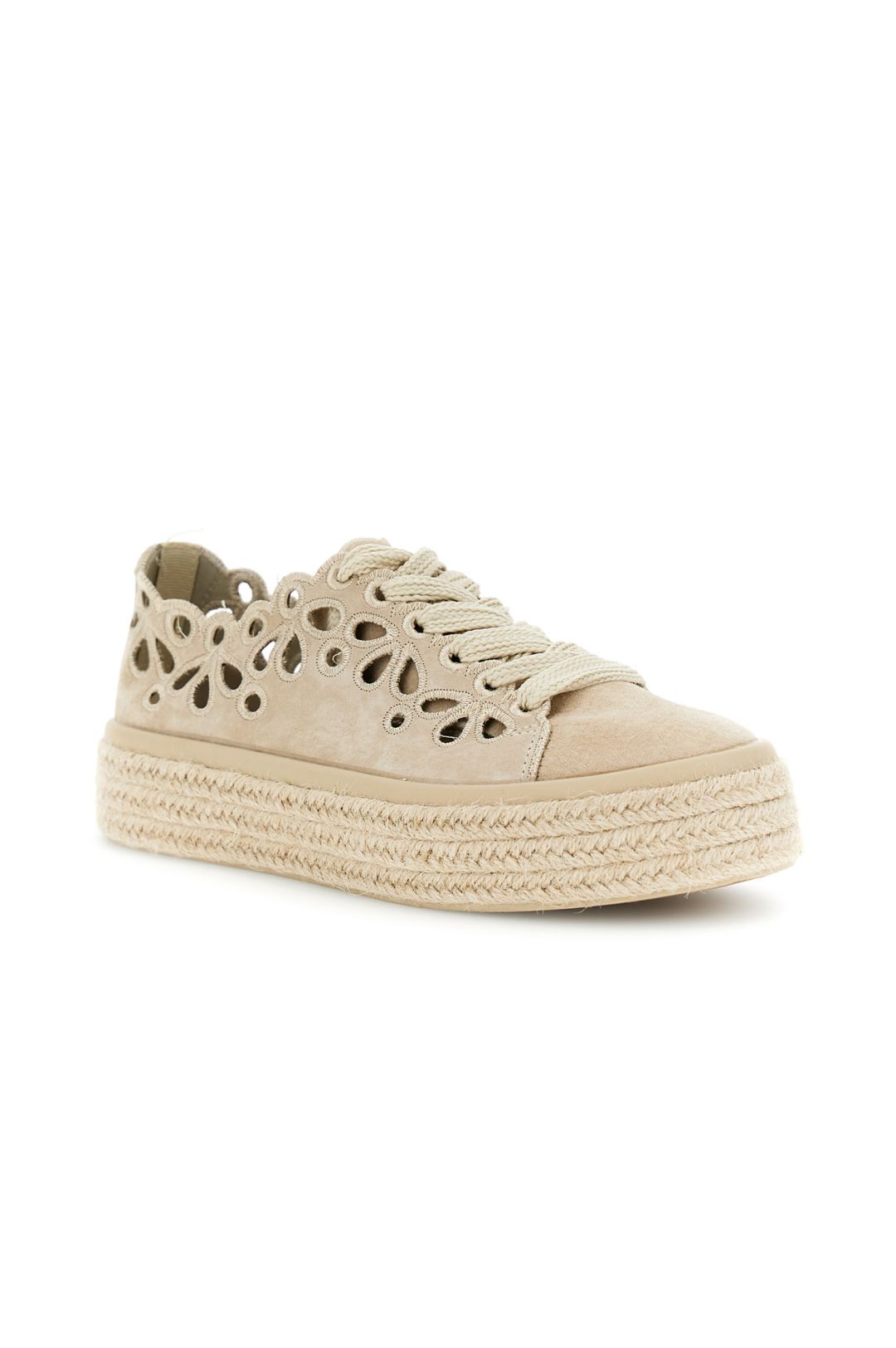 sneakers allacciate in pelle con intagli laserati beige CafèNoir